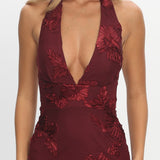 Cipriana Backless Halter Maxi Dress Embellished Wine