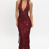 Cipriana Backless Halter Maxi Dress Embellished Wine