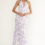 Cipriana Frill Trim Halter Maxi Dress Floral Purple