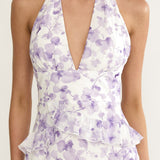 Cipriana Frill Trim Halter Maxi Dress Floral Purple
