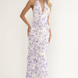 Cipriana Frill Trim Halter Maxi Dress Floral Purple
