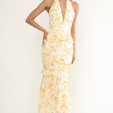Cipriana Frill Trim Halter Maxi Dress Floral Yellow