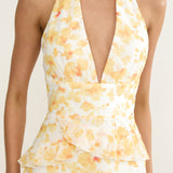 Cipriana Frill Trim Halter Maxi Dress Floral Yellow