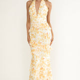 Cipriana Frill Trim Halter Maxi Dress Floral Yellow