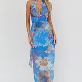 Cipriana Backless Halter Maxi Dress Floral Blue