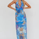 Cipriana Backless Halter Maxi Dress Floral Blue