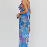 Cipriana Backless Halter Maxi Dress Floral Blue