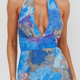Cipriana Backless Halter Maxi Dress Floral Blue