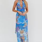Cipriana Backless Halter Maxi Dress Floral Blue