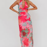 Cipriana Backless Halter Maxi Dress Floral Fuchsia