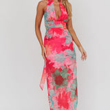 Cipriana Backless Halter Maxi Dress Floral Fuchsia