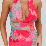 Cipriana Backless Halter Maxi Dress Floral Fuchsia