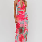Cipriana Backless Halter Maxi Dress Floral Fuchsia