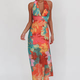Cipriana Backless Halter Maxi Dress Floral Pink