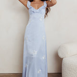 Hibiscus Ruffle A-line Maxi Dress Blue