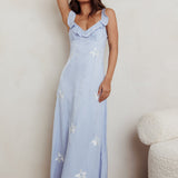 Hibiscus Ruffle A-line Maxi Dress Blue