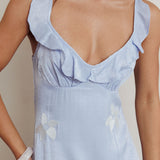 Hibiscus Ruffle A-line Maxi Dress Blue