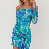 Dangerous Off-Shoulder Waist Tie Mesh Mini Dress Print Blue