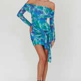 Dangerous Off-Shoulder Waist Tie Mesh Mini Dress Print Blue