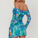 Dangerous Off-Shoulder Waist Tie Mesh Mini Dress Print Blue