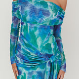 Dangerous Off-Shoulder Waist Tie Mesh Mini Dress Print Blue