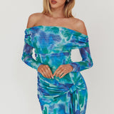 Dangerous Off-Shoulder Waist Tie Mesh Mini Dress Print Blue