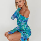 Dangerous Off-Shoulder Waist Tie Mesh Mini Dress Print Blue