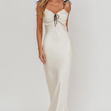 Slow Burn Tied Shoulders Satin Maxi Dress Oyster