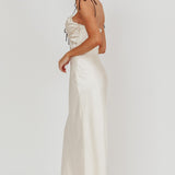Slow Burn Tied Shoulders Satin Maxi Dress Oyster