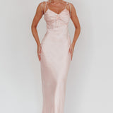 Slow Burn Tied Shoulders Satin Maxi Dress Pink