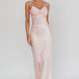 Slow Burn Tied Shoulders Satin Maxi Dress Pink