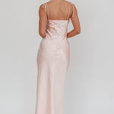 Slow Burn Tied Shoulders Satin Maxi Dress Pink