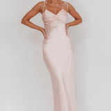 Slow Burn Tied Shoulders Satin Maxi Dress Pink