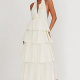 Kimberley Halter Neck Ruffle Maxi Dress Beige