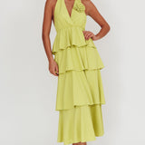 Kimberley Halter Neck Ruffle Maxi Dress Matcha