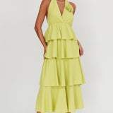 Kimberley Halter Neck Ruffle Maxi Dress Matcha