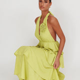 Kimberley Halter Neck Ruffle Maxi Dress Matcha