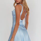 Brigid Cowl Neck Scoop Back Mini Dress Blue