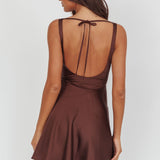 Brigid Cowl Neck Scoop Back Mini Dress Chocolate