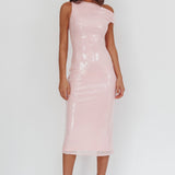Country Club Asymmetric Neckline Midi Dress Sequin Blush