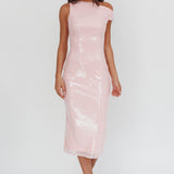 Country Club Asymmetric Neckline Midi Dress Sequin Blush