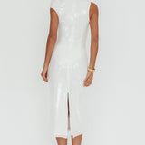 Country Club Asymmetric Neckline Midi Dress Sequin White
