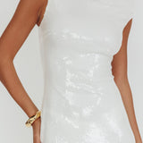Country Club Asymmetric Neckline Midi Dress Sequin White