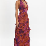 Flirt Frill Trim Halter Maxi Dress Dark Rose