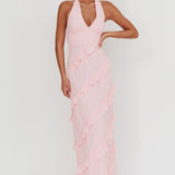 Flirt Frill Trim Halter Maxi Dress Blush