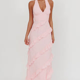 Flirt Frill Trim Halter Maxi Dress Blush