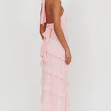 Flirt Frill Trim Halter Maxi Dress Blush