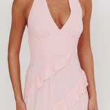 Flirt Frill Trim Halter Maxi Dress Blush