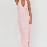 Flirt Frill Trim Halter Maxi Dress Blush