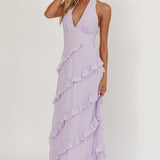 Flirt Frill Trim Halter Maxi Dress Lilac